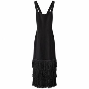 Anna Quan 100% Cotton Cross Black Knit Fringe Maxi Dress